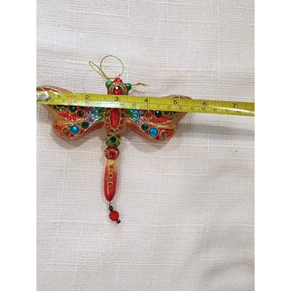 Jeweled Glass Dragonfly Christmas Ornament Rhinestone Mosaic Gold Iridescent